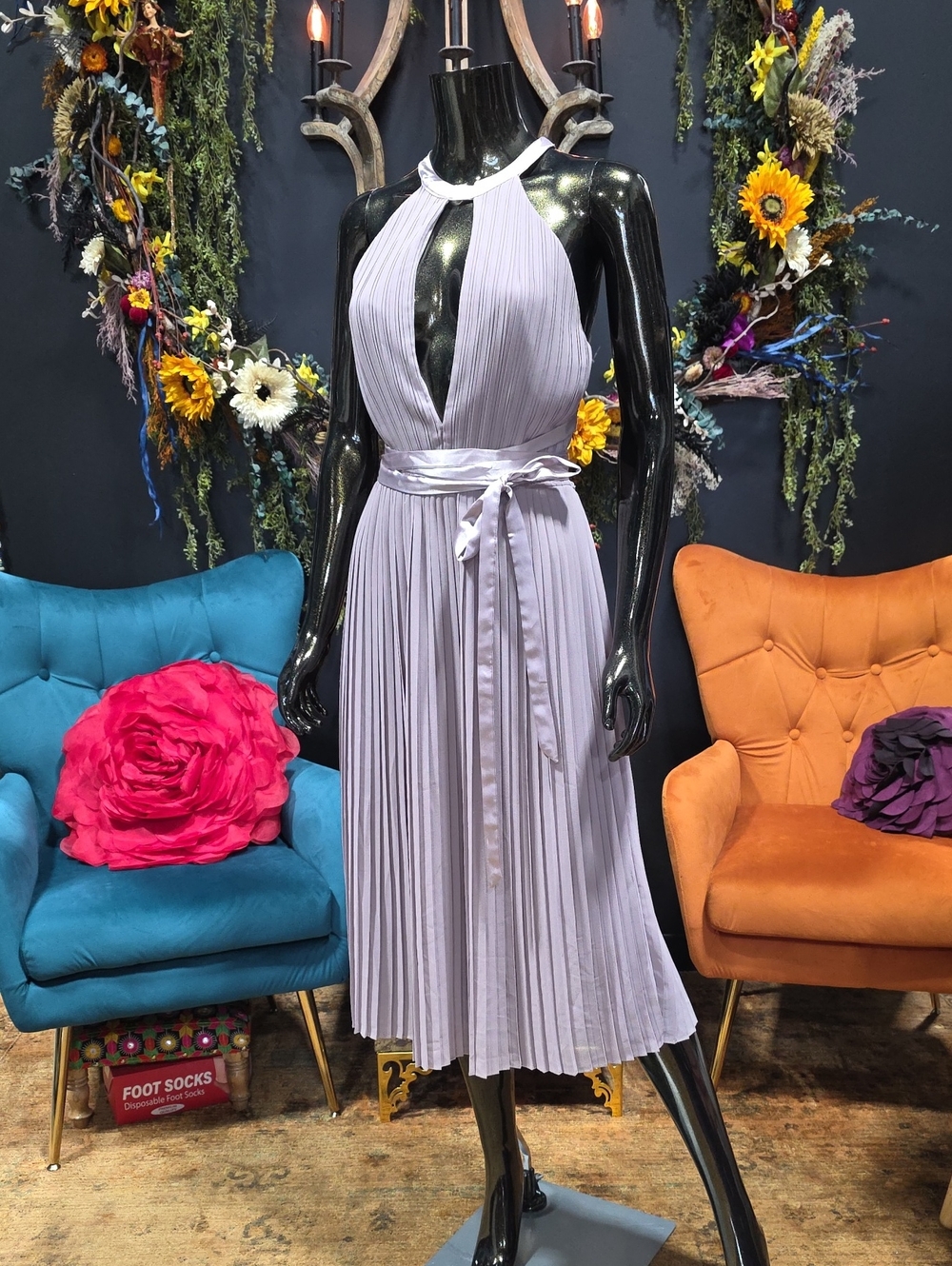 TFNC Lavender Halter Pleated Midi Dress with Waist Tie